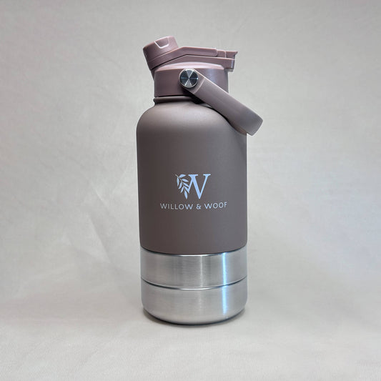 Brown 3-in-1 travel water bottle with lid on a white background, featuring 'Willow & Woof' branding.