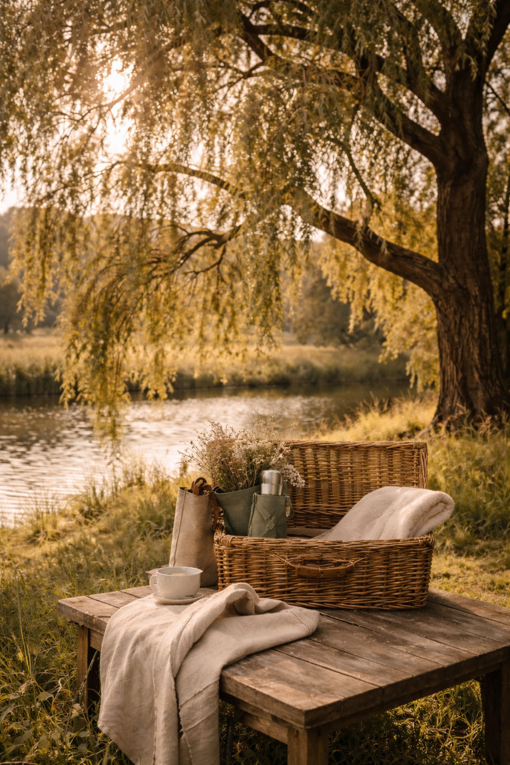 Wooden table by a lake with a picnic setup under a willow tree.