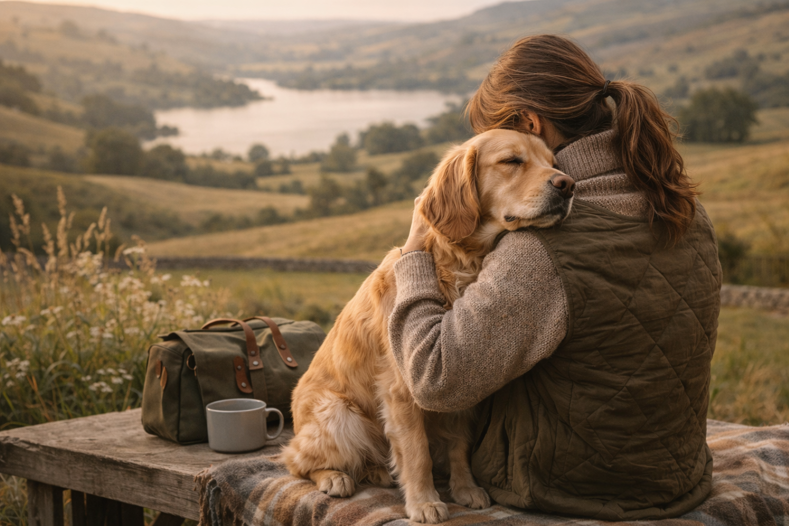 Person sitting with a dog on a bench overlooking a scenic landscape with a lake and hills.