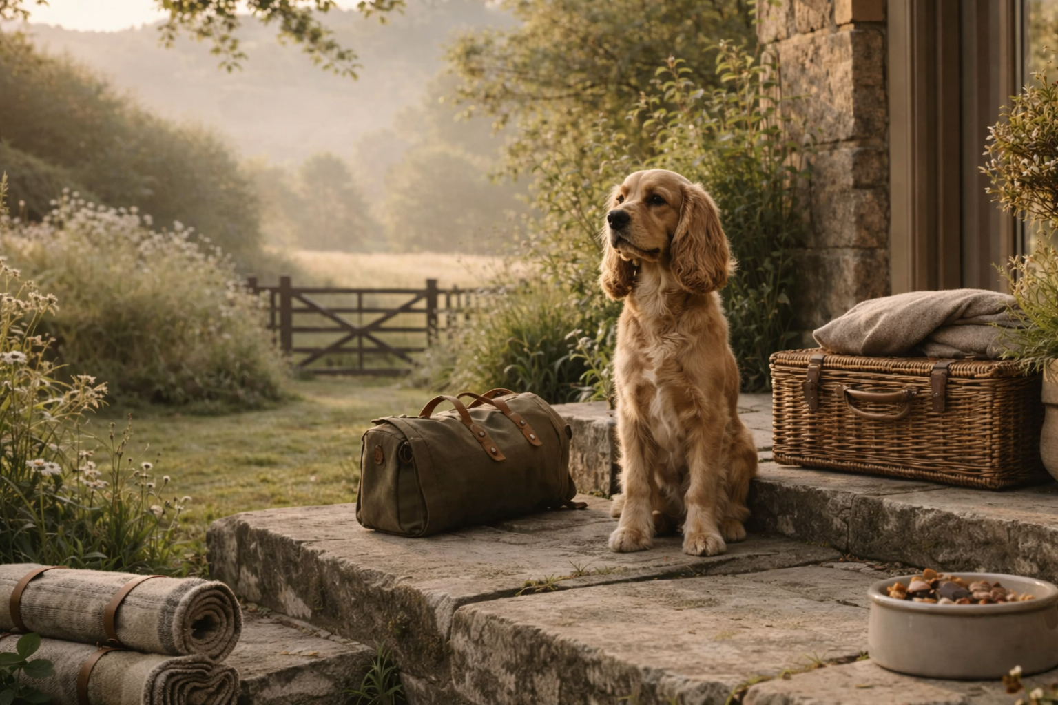 Dog sitting on a stone patio with a scenic background