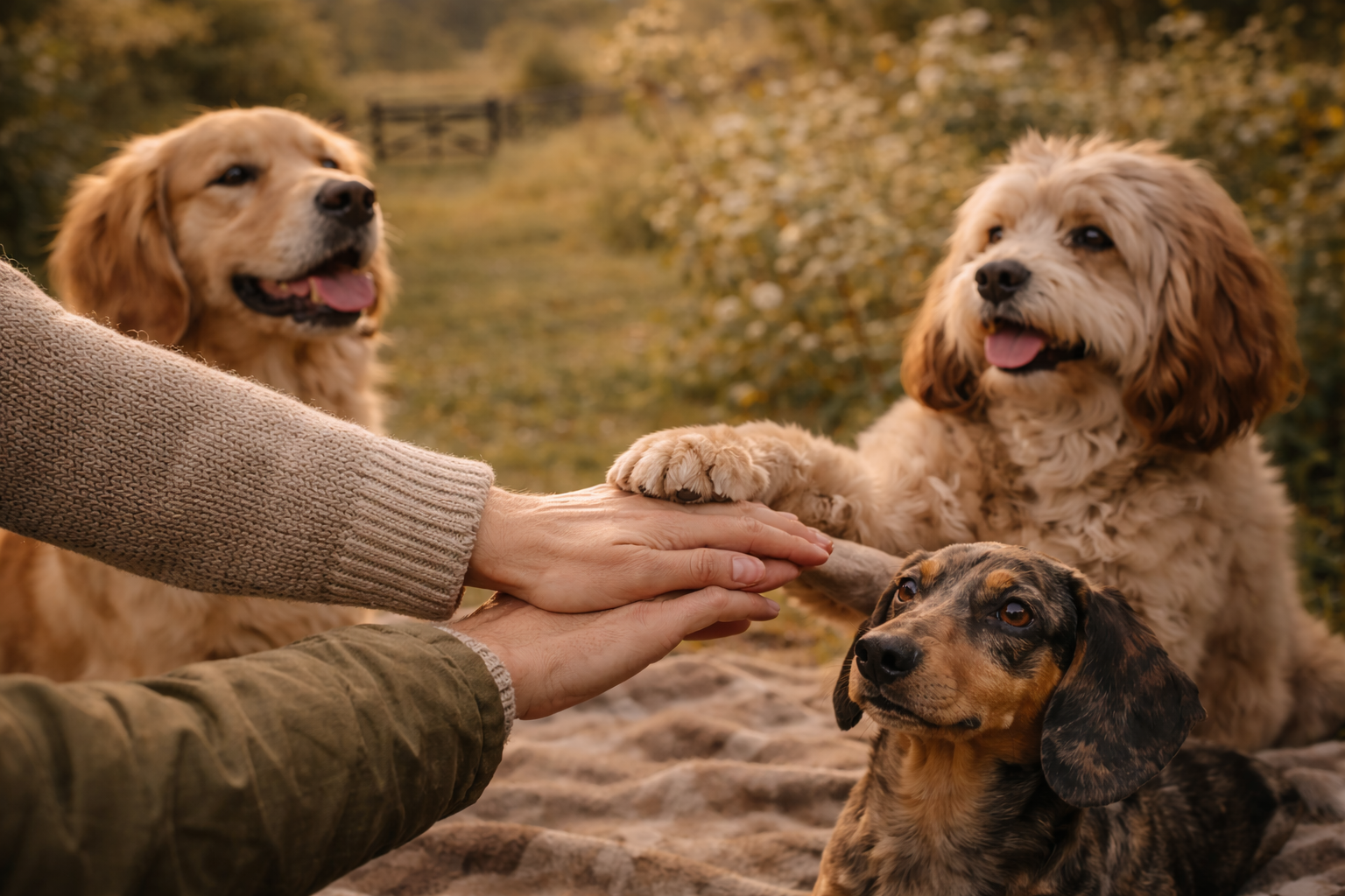 Three dogs interacting with a person outdoors in a natural setting