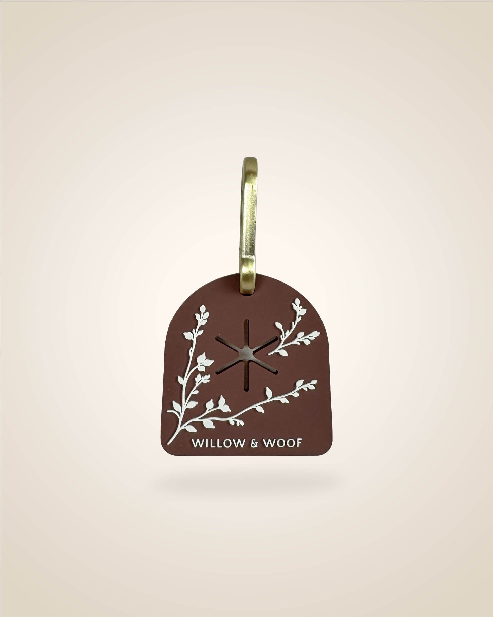 Brown dog waste/poop bag carrier, white botanical flowers with bronze tone hardware