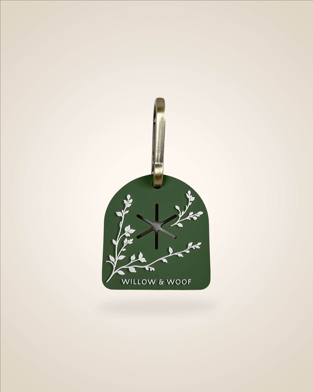 Green dog waste/poop bag carrier, white botanical flowers with bronze tone hardware