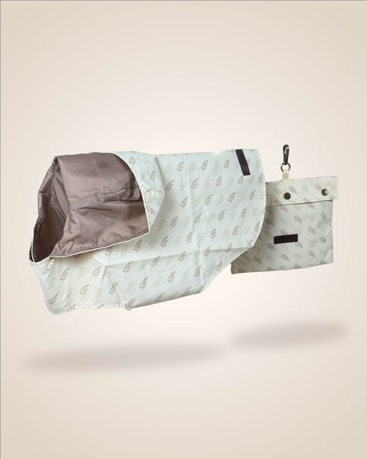 Lightweight cream and brown willow print dog raincoat, waterproof, with hood and a separate pouch