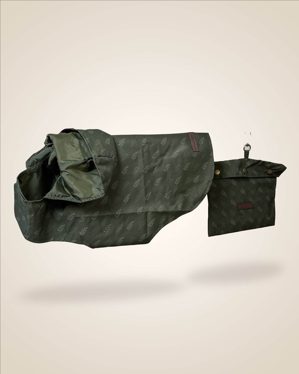 Lightweight green willow print dog raincoat, waterproof, with hood and a separate pouch
