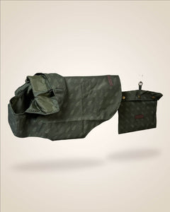 Lightweight green willow print dog raincoat, waterproof, with hood and a separate pouch