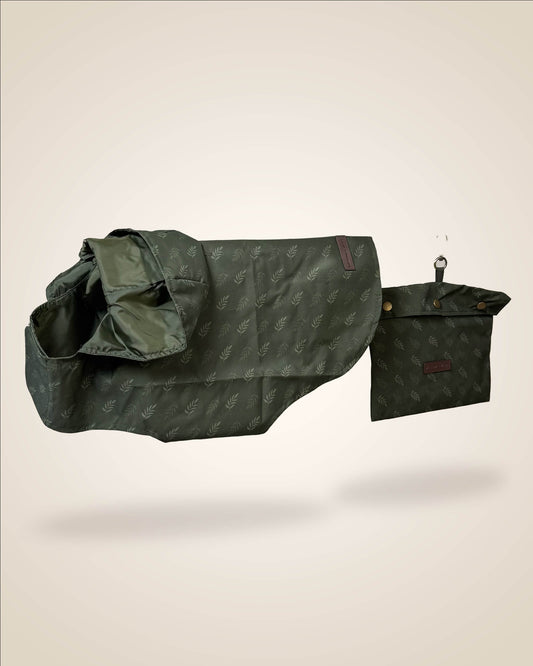 Lightweight green willow print dog raincoat, waterproof, with hood and a separate pouch