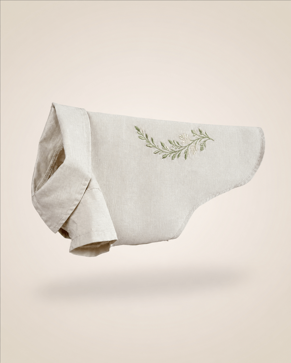 linen miniature dachshund dog shirt with a small embroidered floral design on the back