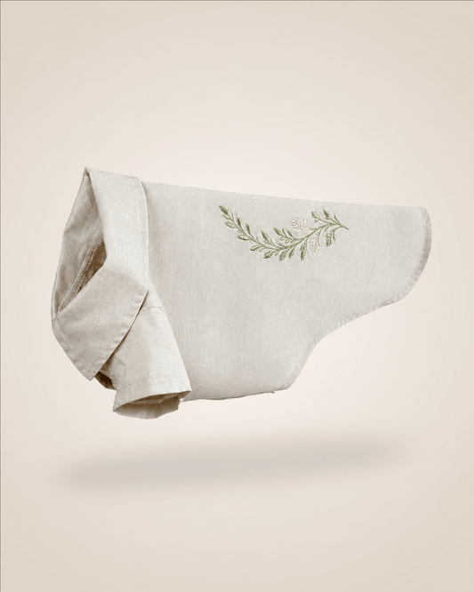 linen miniature dachshund dog shirt with a small embroidered floral design on the back