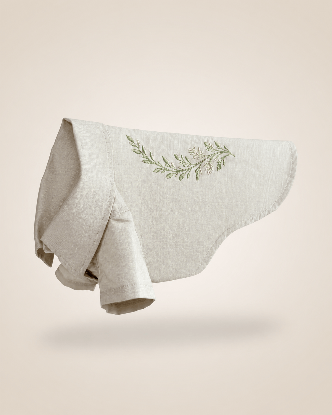 linen dog shirt with a small embroidered floral design on the back